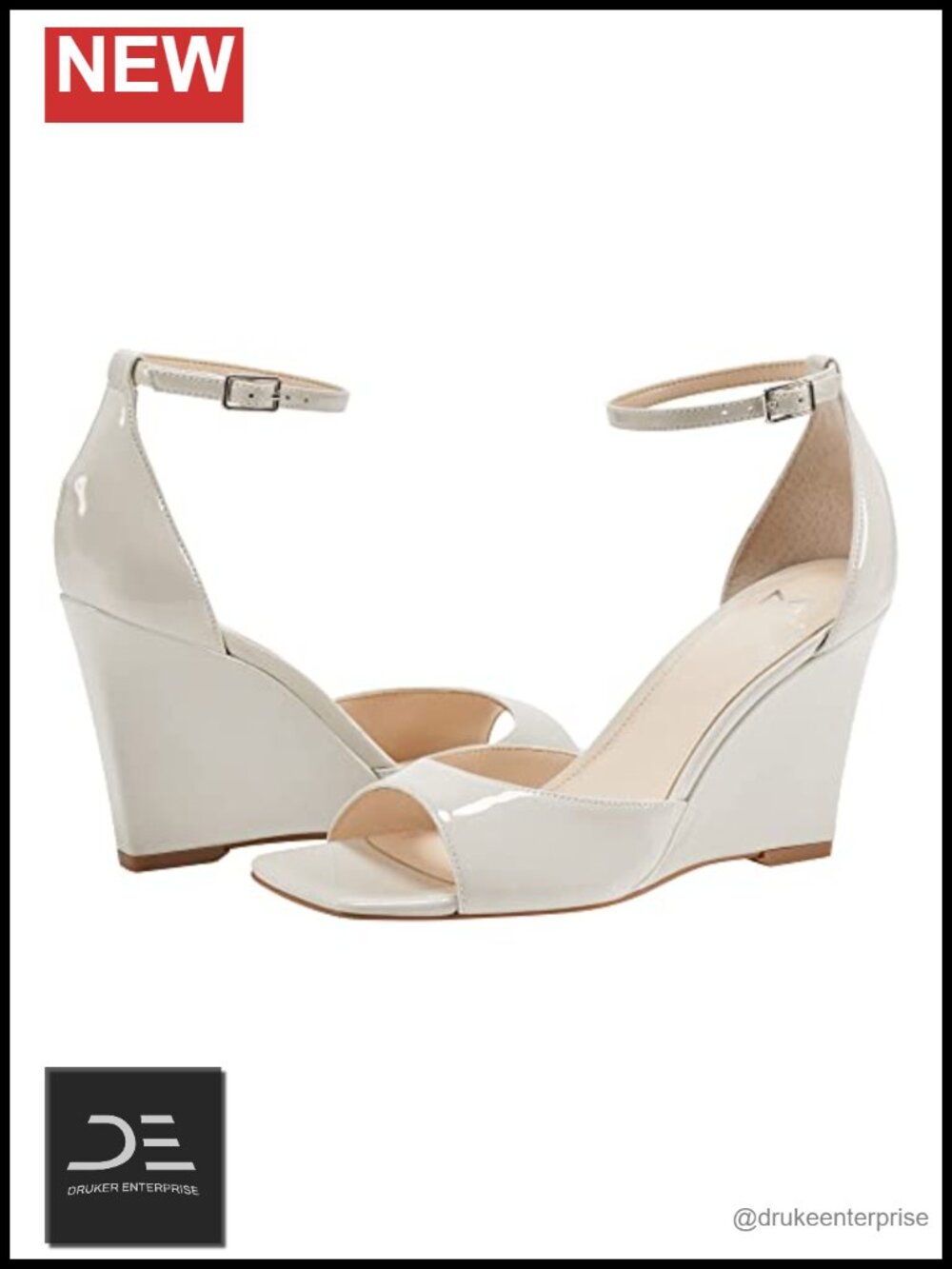 Wedge Sandals Faux Leather Ankle Strap Square Toe 3.54" Heel